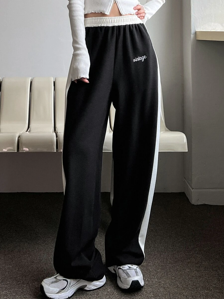 DAZY Letter Embroidery Contrast Side Seam Trousers - Black and White - View 1