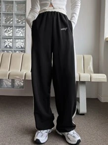 DAZY Letter Embroidery Contrast Side Seam Trousers - Black and White - View 2