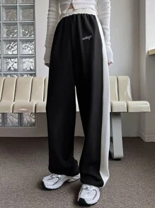 DAZY Letter Embroidery Contrast Side Seam Trousers - Black and White - View 3