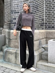 DAZY Letter Embroidery Contrast Side Seam Trousers - Black and White - View 4