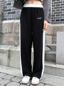 DAZY Letter Embroidery Contrast Side Seam Trousers - Black and White - View 5
