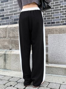 DAZY Letter Embroidery Contrast Side Seam Trousers - Black and White - View 6