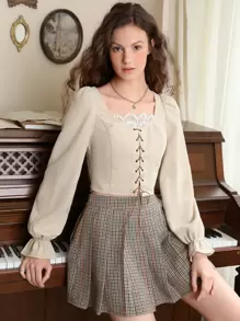 SHEIN MOD Solid Lace Up Front Flounce Sleeve Blouse - Apricot - View 5