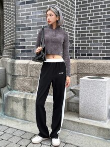 DAZY Letter Embroidery Contrast Side Seam Trousers - Black and White - View 7