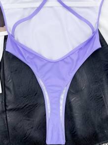 O-Ring Backless Thong One Piece Swimsuit, For Summer Beach Vacation - Violet Purple - View 2