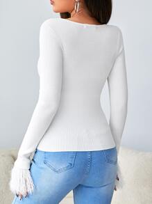 SHEIN Jersey tejido de canalé con fleco puño - Blanco - Ver 2