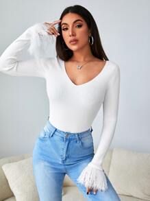 SHEIN Jersey tejido de canalé con fleco puño - Blanco - Ver 6