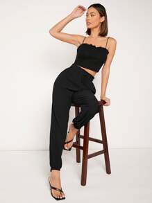 SHEIN LUNE Quần nữ Dây kéo Túi Quần paper-bag màu trơn Giải trí - màu đen - Xem 4