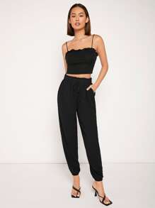 SHEIN LUNE Quần nữ Dây kéo Túi Quần paper-bag màu trơn Giải trí - màu đen - Xem 5