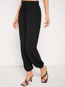 SHEIN LUNE Quần nữ Dây kéo Túi Quần paper-bag màu trơn Giải trí - màu đen - Xem 6