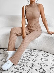 Top de punto ribete en forma de lechuga bajo asimétrico con pantalones tejidos - Albaricoque - Ver 1