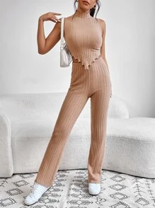Top de punto ribete en forma de lechuga bajo asimétrico con pantalones tejidos - Albaricoque - Ver 2