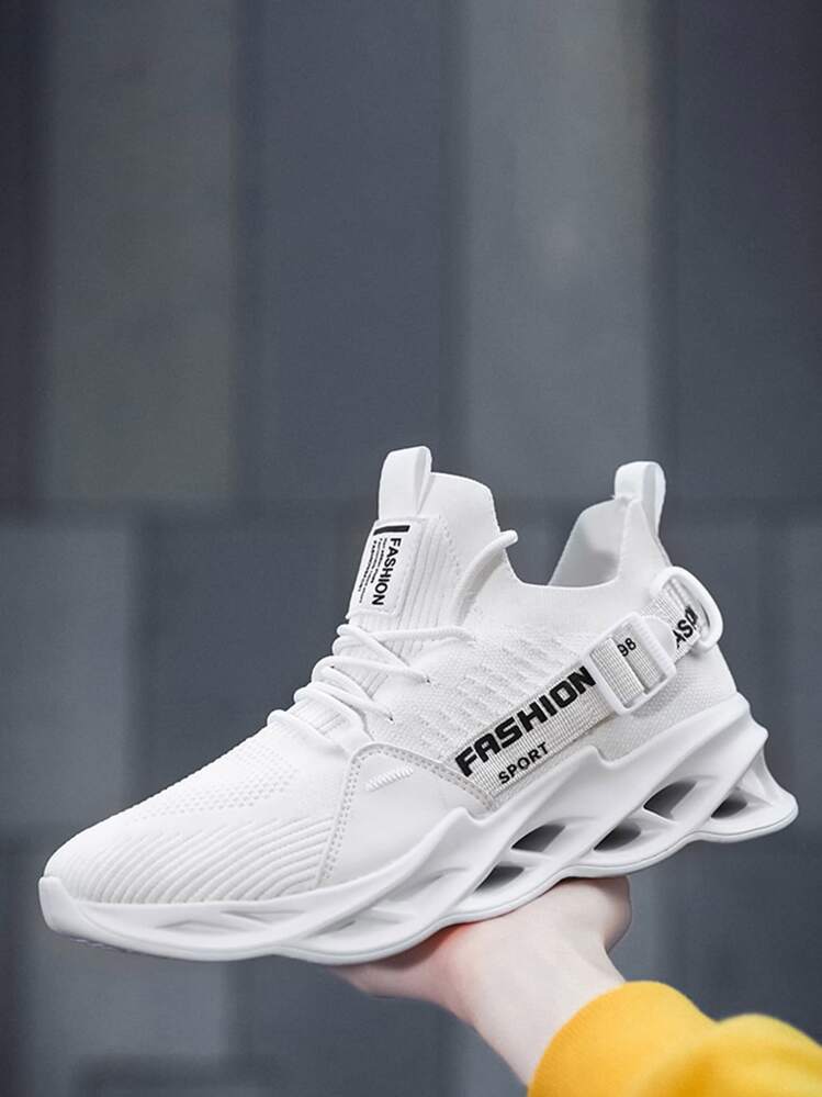 Mesh Laufschuhe für Männer Sport Tennis Welle Schuhe Buchstabe Grafik Strick Einsatz Sneakers - Weiss - Übersicht 1