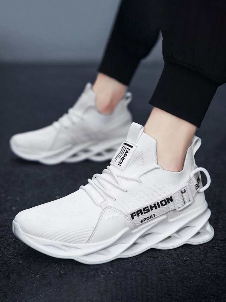 Mesh Laufschuhe für Männer Sport Tennis Welle Schuhe Buchstabe Grafik Strick Einsatz Sneakers - Weiss - Übersicht 2