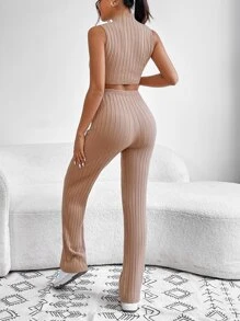 Top de punto ribete en forma de lechuga bajo asimétrico con pantalones tejidos - Albaricoque - Ver 5