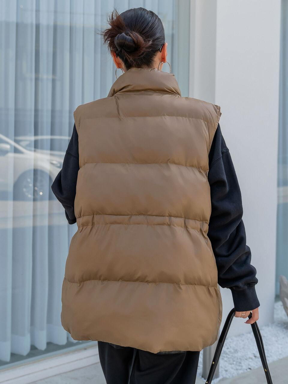 Drawstring Waist Slant Pockets Vest Padded Coat