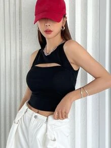 DAZY Camiseta Sin Mangas Con Recorte En El Frente - Negro - Ver 7