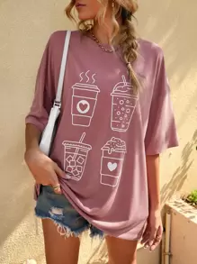 SHEIN LUNE 卡通圖案落肩T恤 - 藕粉色 - 查看 1