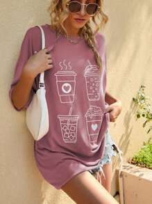 SHEIN LUNE 卡通圖案落肩T恤 - 藕粉色 - 查看 3