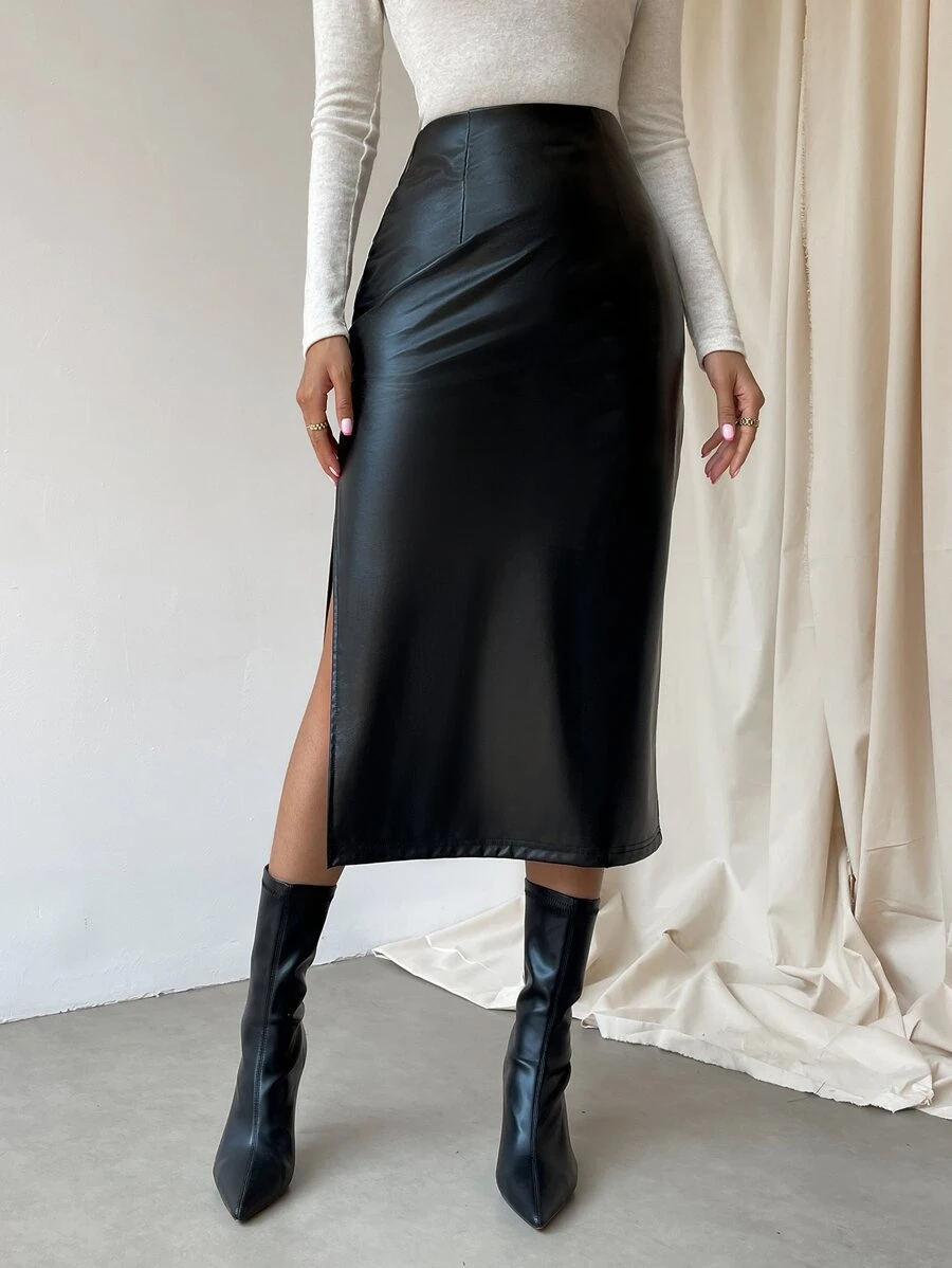 SHEIN Privé Split Thigh PU Skirt
