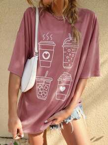 SHEIN LUNE 卡通圖案落肩T恤 - 藕粉色 - 查看 4