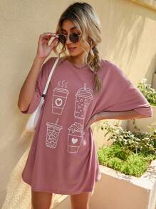 SHEIN LUNE 卡通圖案落肩T恤 - 藕粉色 - 查看 5