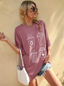 SHEIN LUNE 卡通圖案落肩T恤 - 藕粉色 - 查看 6