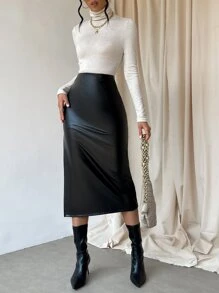 SHEIN Privé Split Thigh PU Skirt