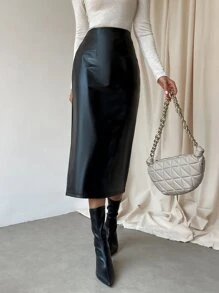 SHEIN Privé Split Thigh PU Skirt