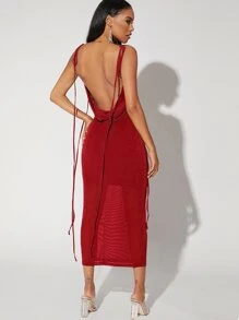 SHEIN BAE Tied Shoulder Backless Glitter Dress - Burgundy - View 1
