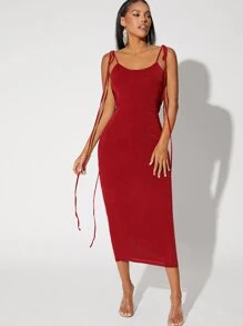 SHEIN BAE Tied Shoulder Backless Glitter Dress - Burgundy - View 2