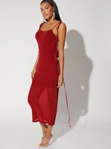 SHEIN BAE Tied Shoulder Backless Glitter Dress - Burgundy - View 4