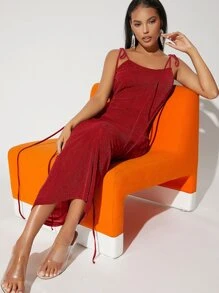 SHEIN BAE Tied Shoulder Backless Glitter Dress - Burgundy - View 5