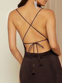 SHEIN BAE Tie Backless Crisscross Split Thigh Cami Dress - Chocolate Brown - View 4
