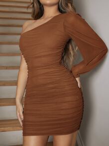 SHEIN SXY One Shoulder Bishop Sleeve Ruched Mesh Bodycon Dress - Coffee Brown - View 4