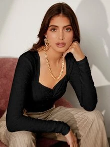 BizChic Body escote corazón fruncido con textura ropa de trabajo - Negro - Ver 4