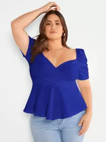 SHEIN Privé 大碼泡泡袖雞心領口花邊下擺上衣 - 寶藍色 - 查看 1