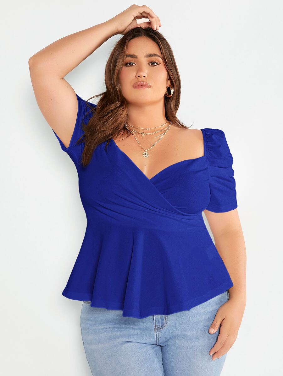 SHEIN Privé 大碼泡泡袖雞心領口花邊下擺上衣 - 寶藍色 - 查看 1