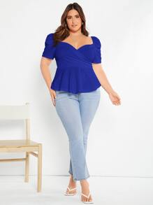 SHEIN Privé 大碼泡泡袖雞心領口花邊下擺上衣 - 寶藍色 - 查看 3