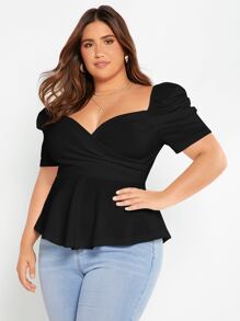 SHEIN Privé Áo thun Plus size Xù Viên lá sen Trọn gói màu trơn Giải trí - màu đen - Xem 2