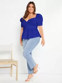 SHEIN Privé 大碼泡泡袖雞心領口花邊下擺上衣 - 寶藍色 - 查看 4