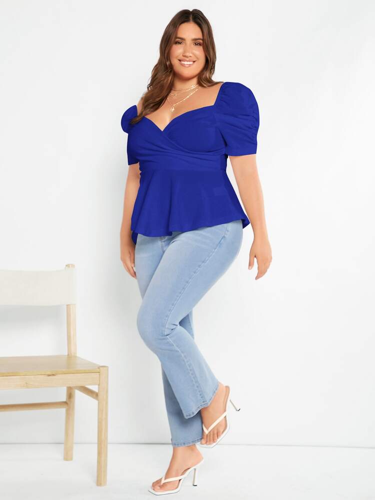 SHEIN Privé 大碼泡泡袖雞心領口花邊下擺上衣 - 寶藍色 - 查看 4