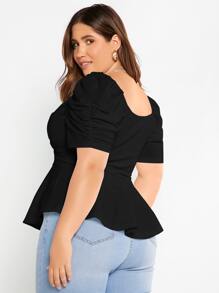 SHEIN Privé Áo thun Plus size Xù Viên lá sen Trọn gói màu trơn Giải trí - màu đen - Xem 3