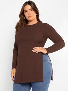 SHEIN Essnce 大碼條紋針織下擺開叉T恤 - 巧克力棕 - 查看 1