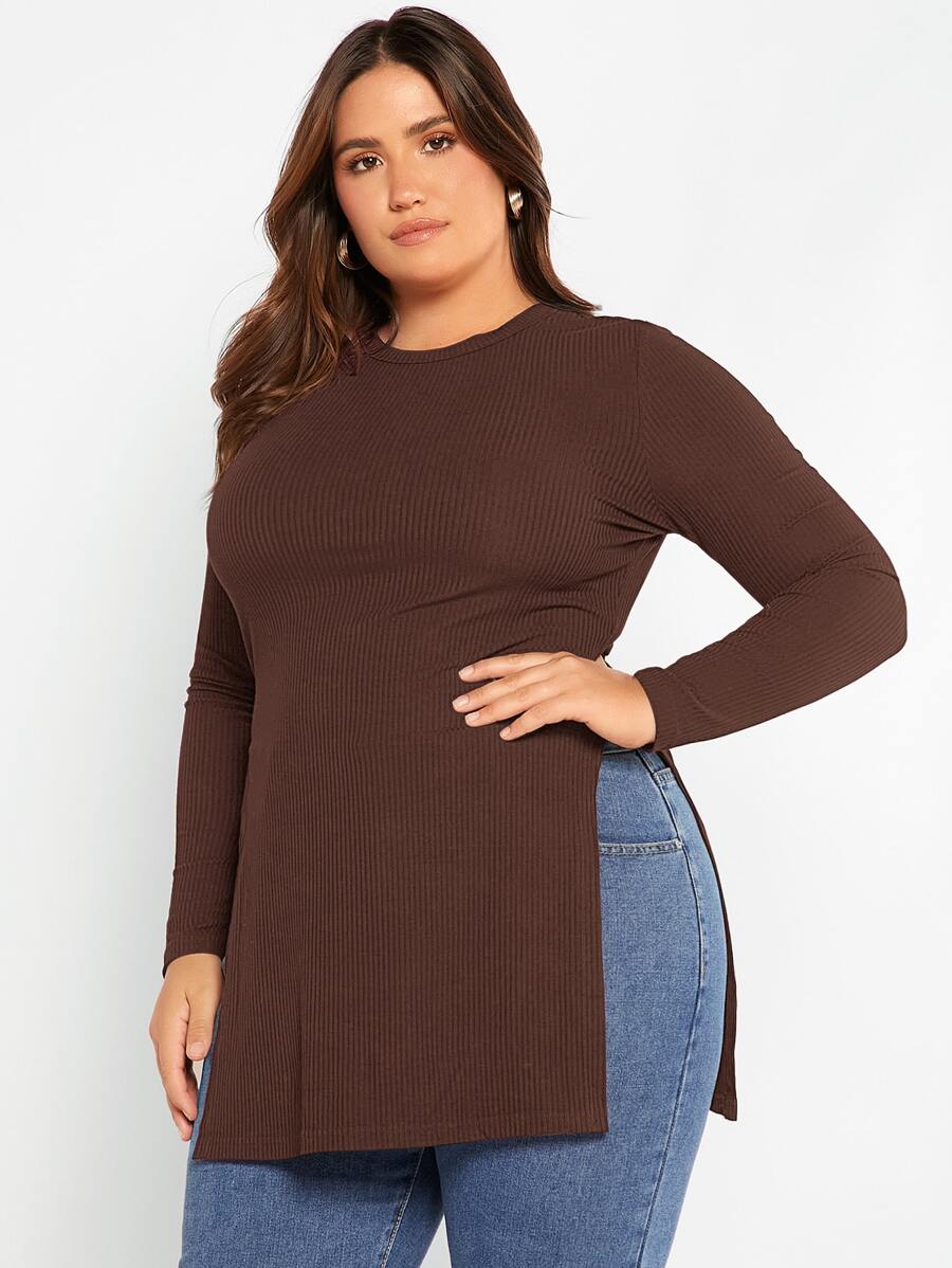 SHEIN Essnce 大碼條紋針織下擺開叉T恤 - 巧克力棕 - 查看 1