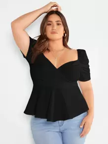 SHEIN Privé Áo thun Plus size Xù Viên lá sen Trọn gói màu trơn Giải trí - màu đen - Xem 4