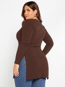 SHEIN Essnce 大碼條紋針織下擺開叉T恤 - 巧克力棕 - 查看 2