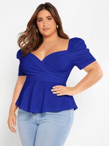 SHEIN Privé 大碼泡泡袖雞心領口花邊下擺上衣 - 寶藍色 - 查看 6