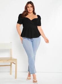 SHEIN Privé Áo thun Plus size Xù Viên lá sen Trọn gói màu trơn Giải trí - màu đen - Xem 5