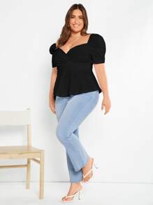 SHEIN Privé Áo thun Plus size Xù Viên lá sen Trọn gói màu trơn Giải trí - màu đen - Xem 6
